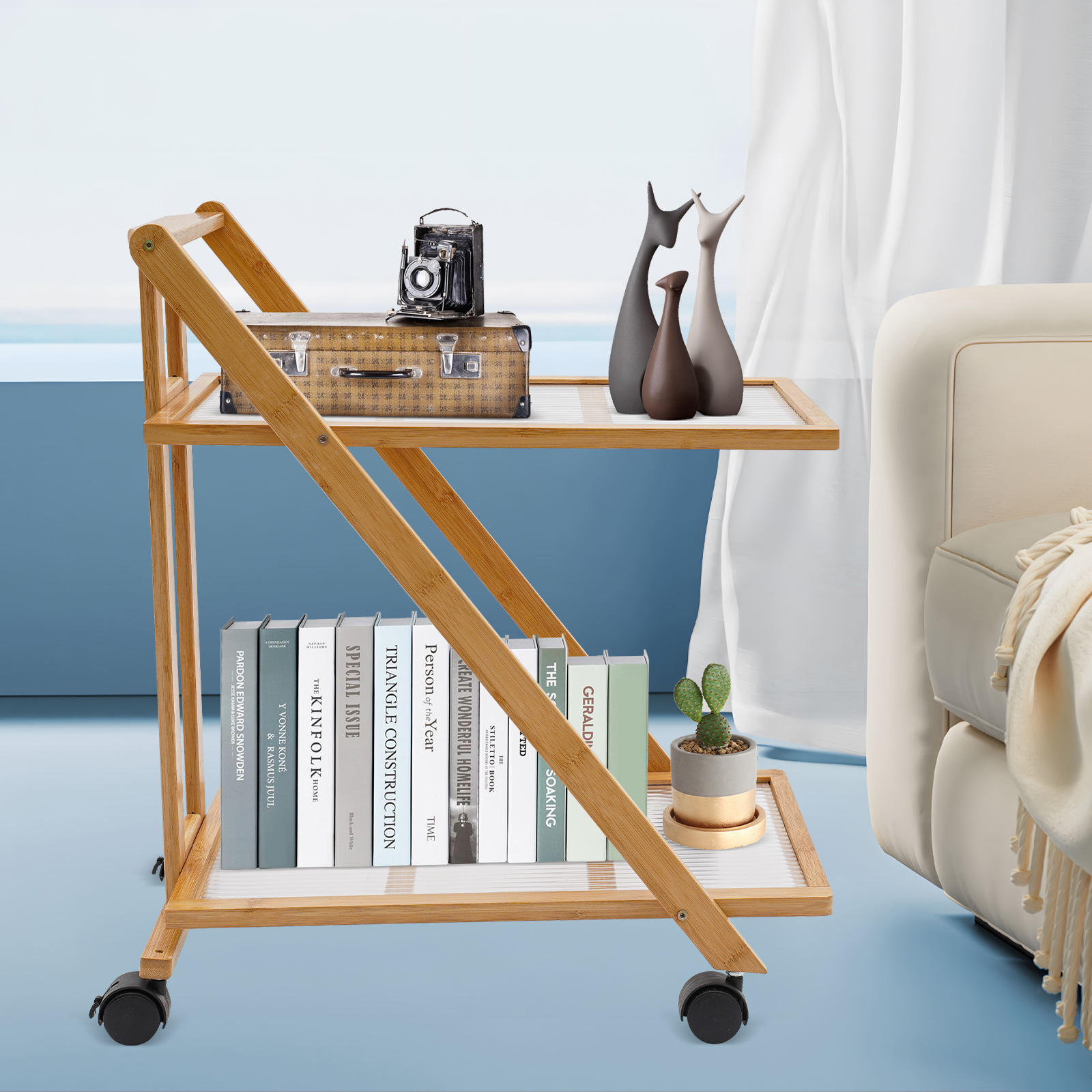 2 Tier Rolling Cart Bamboo Fol - Book Cart Rolling ulasan dan harga